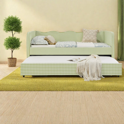 Lits jumeaux convertibles en 1 avec rangement, MDF vert à carreaux vichy, modernes pour petits espaces