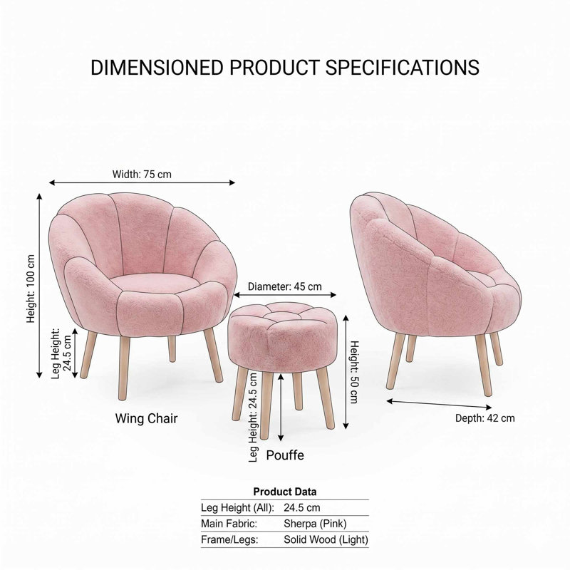 Ensemble de fauteuil à oreilles et pouf (3 pièces), Pink Polyester Blend