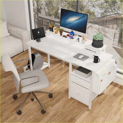 Bureau d'ordinateur 47,3 po avec prise de courant, 2 supports pour écran, 2 tiroirs | Blanc | Bois aggloméré + métal