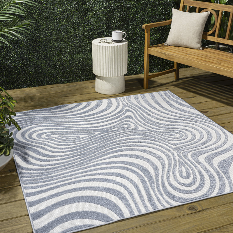 Maribo High-Low Abstract Groovy Striped Light Blue/Ivory Indoor/Outdoor Rug, Square 9'