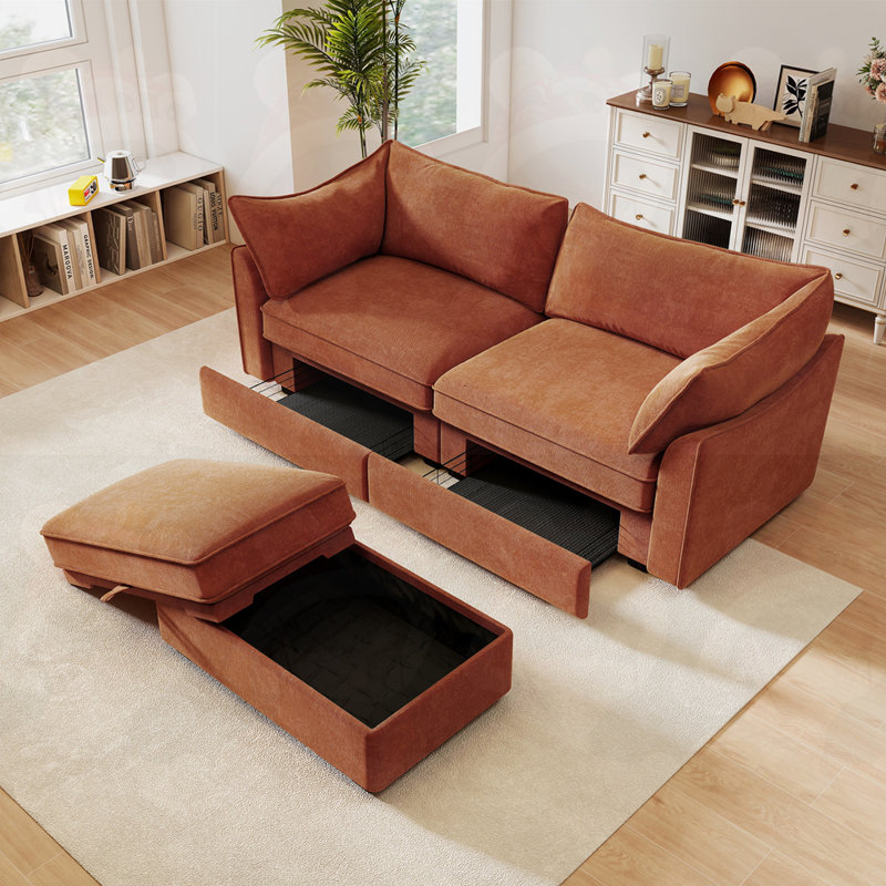 Canapé 2 places avec tiroirs de rangement coulissants et 1 repose-pieds, Orange, 2, H 31,4 po x l 78,7 po x P 56,6 po