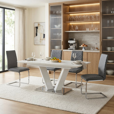 Speece Modern & Contemporary Wood 5-Piece Dining Set with Extendable Butterfly Leaf Table & 4 Faux Leather Side Chairs, Seats 4