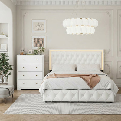 Ensemble de chambre à coucher 2 pièces, lit plateforme avec rangement, commode à 4 tiroirs et commode à 4 tiroirs