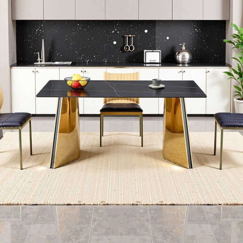 Table de salle à manger à dalle de marbre noire 63 po avec pieds papillon en acier inoxydable