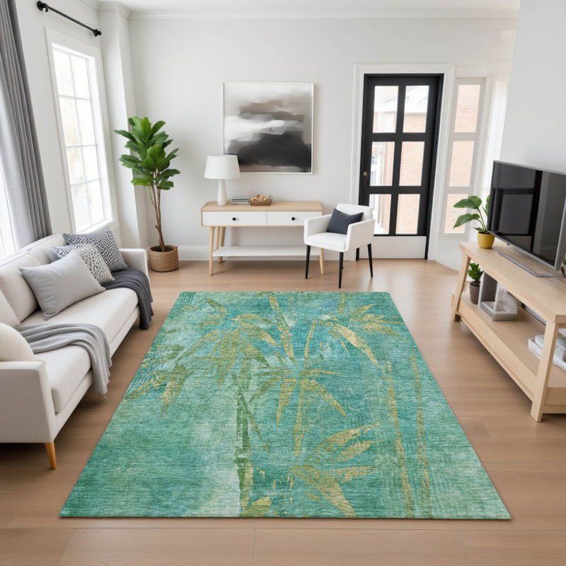 Premium Machine Washable Mayfield AMF2222 Botanical Rug, Teal, 2'6" x 3'10"