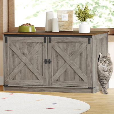 Cat Litter Box Enclosure with Cushion, Hidden Litter Box Furniture with Removable Dividers, Reversible Entrance Left or Right Side, Cat House, Greige