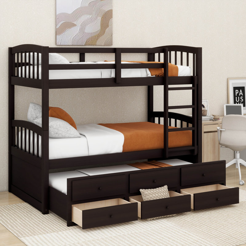 Jionnie Kids Twin Over Twin Bunk Bed with Trundle, Espresso