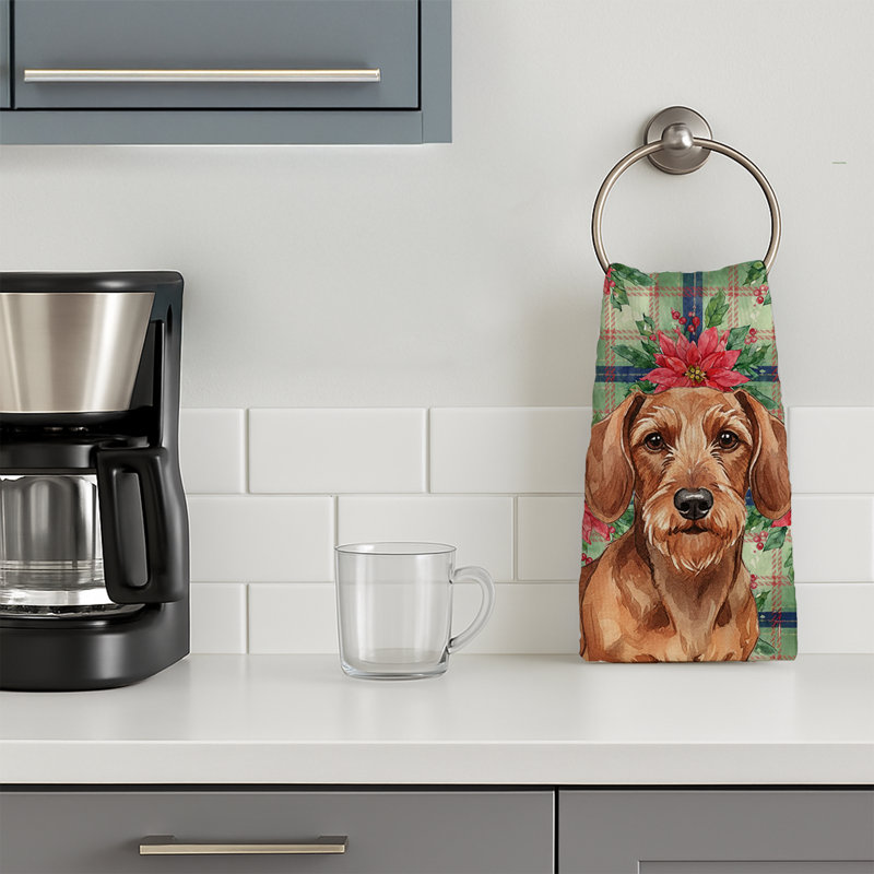Wirehaired Red Dachshund Christmas PoinsettIas Kitchen Towel, Wirehaired Red Dachshund