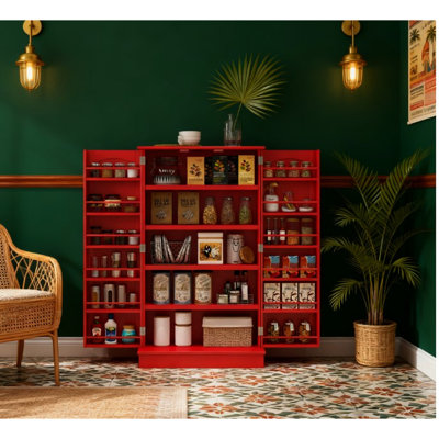 Armoire de cuisine rouge, tablettes à 5 niveaux, 12 épices, basculement réglable, portes magnétiques, rangement flexible