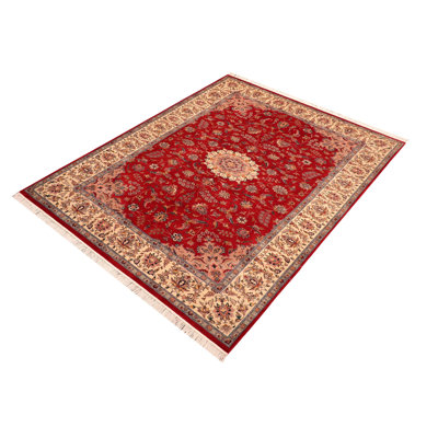 Tapis oriental ivoire / rouge / beige en laine noué à la main 6 pi 2 po x 9 pi 3 po Bellwood