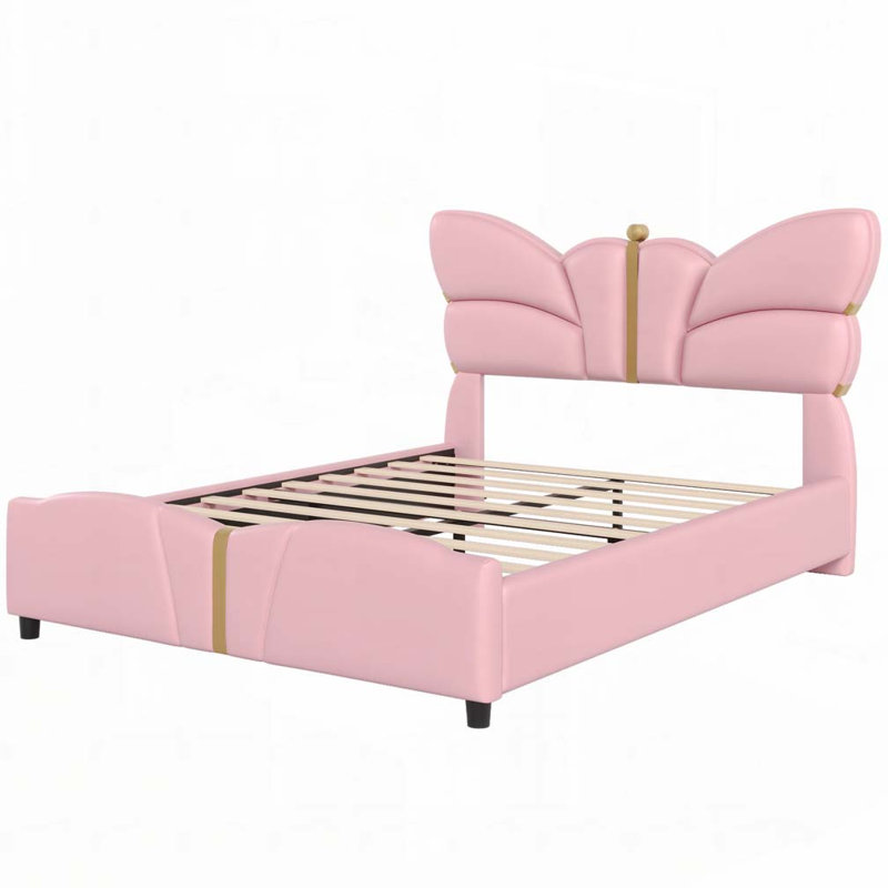Structure de lit double en polyuréthane rembourré, tête de lit en forme de papillon, rose clair, Double, Rose clair