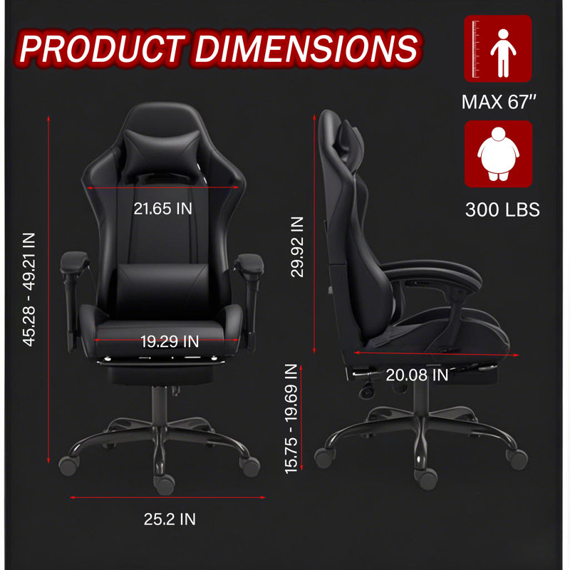 Inbox Zero Knoble Adjustable Reclining Ergonomic Faux Leather Swiveling PC & Racing Game Chair with Footrest, Black/Black