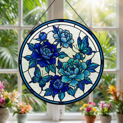 7.8"H Blue Flowers Stained Glass Window Panel