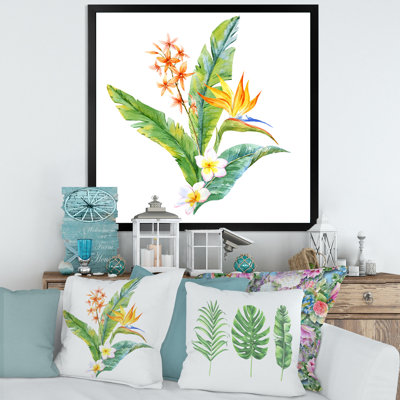 Fleurs tropicales jaunes avec feuilles vertes I - peinture sur toile