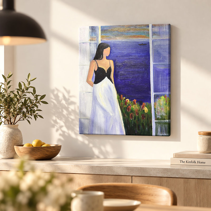 «Woman by the Blue Sea», art mural sur toile, H 20 po x l 16 po, Natural Wood Frame