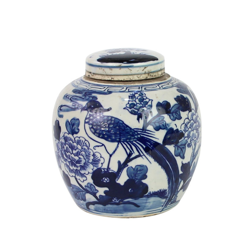 Handmade Ginger Jar, Blue and White Pheasant with Peony 1