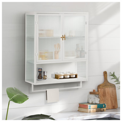 Armoire murale blanche en verre cannelé avec barre à serviettes - Tablette de rangement moderne à deux portes pour la cuisine, la salle de bain et le vestibule
