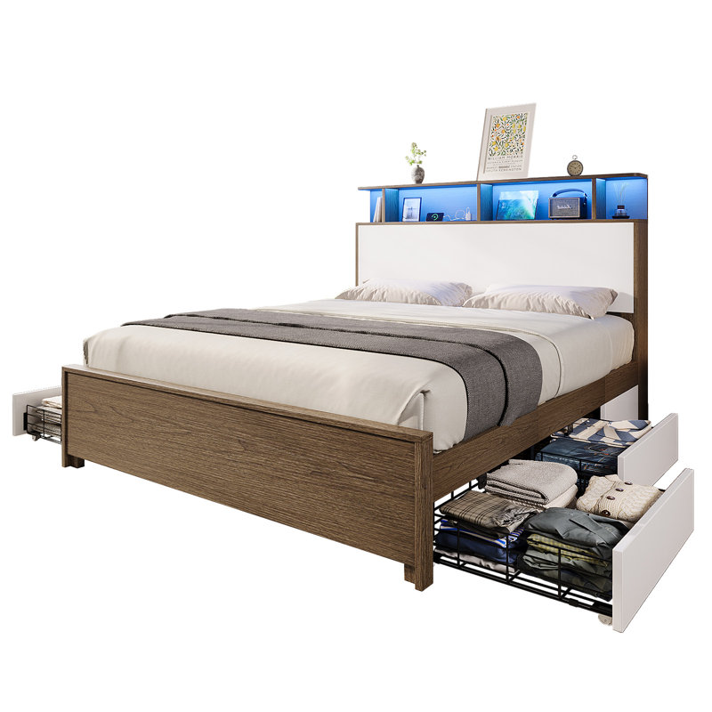 Queen Bed Frame With Led Bookcase Headboard, Brown