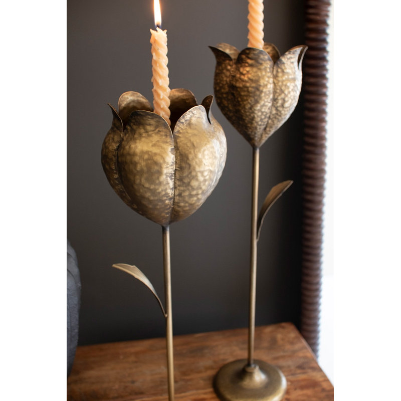  Tulip Shaped Taper Candle Holders Antique Brass Set of 2, 20.5" H