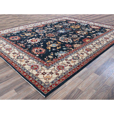 Tapis oriental tissé dense à la main de couleur hawaïenne 9 pi x 11 pi 7 po, bleu Peshawar avec motif Heriz, noué à la main, 100% laine douce