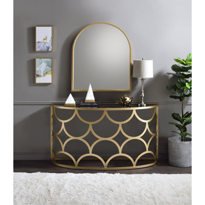 Gold Console Table, 8Mm Tempered Glass Half-Moon Top, Metal Base, 70Lbs Weight Limit, 54" W X 29" H, No Storage Compartment