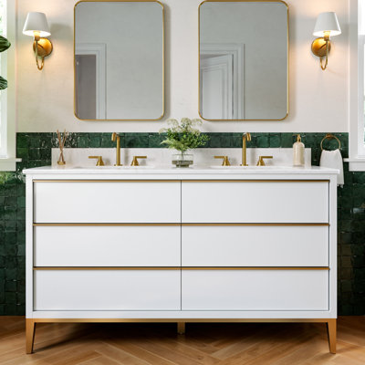 Meuble-lavabo double 60 po avec comptoir en quartz de Carrare et pieds en métal