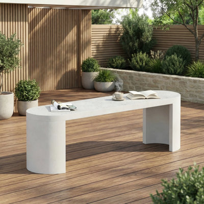 Oval 60" Modern Outdoor Concrete Dining Bench,Terrazzo White