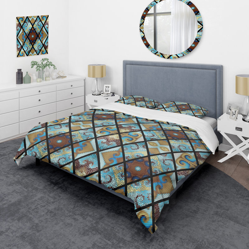 Ensemble de housse de couette bleu mosaïque, Housse de couette simple + 1 taie décorative stan