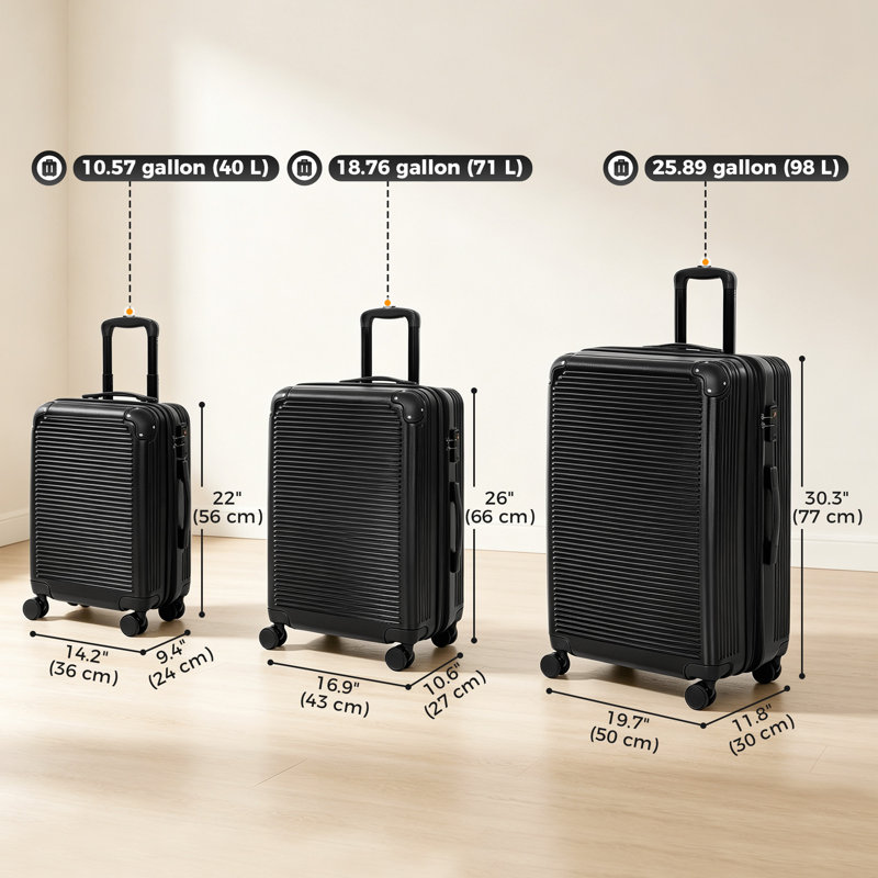 Ensemble de 3 bagages, valise de cabine et valise de soute, serrure TSA, noir