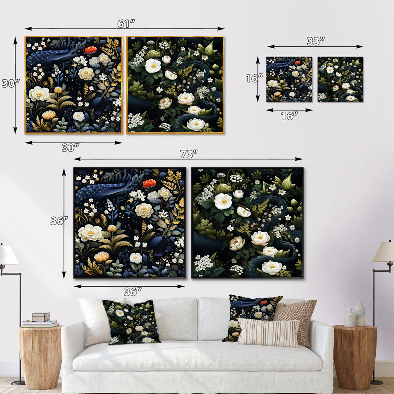 Ange - Ensemble de 2 collages carrés botaniques abstraits, Cadre flottant noir, H 16 po x l 33 po