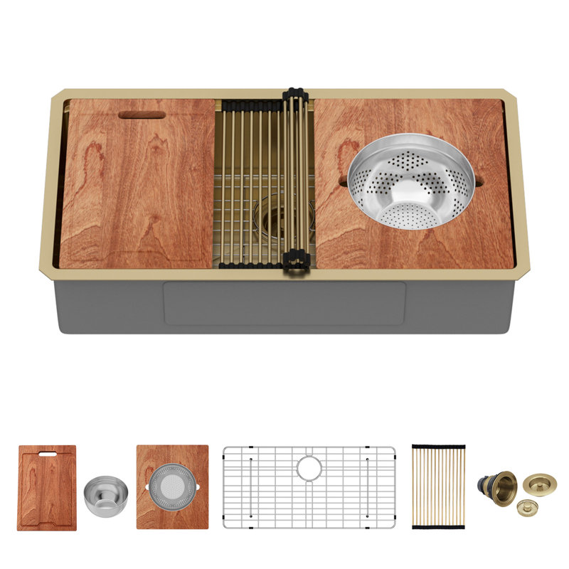 36" L x 19" W Undermount Kitchen Sink Single Bowl 16 Gauge Stainless Steel Workstation Sink with Mixing Bowl, Brushed Gold