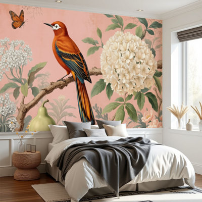 Papier peint adhésif peler et coller chinoiserie rosé paon rose branche d'arbre scénique fleurs d'oiseaux murales H 69 po x l 96 po amovible papier mural adhésif en PVC pour le salon de la chambre bureau à domicile