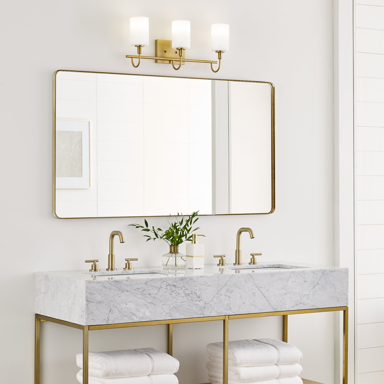 Rowley 3 Light Frosted Dimmable Vanity Light, Satin Brass