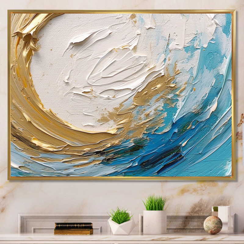 Or et nébuleuse spirale turquoise - art abstrait spirales, H 16 po x l 32 po x P 1 po, Cadre flottant doré