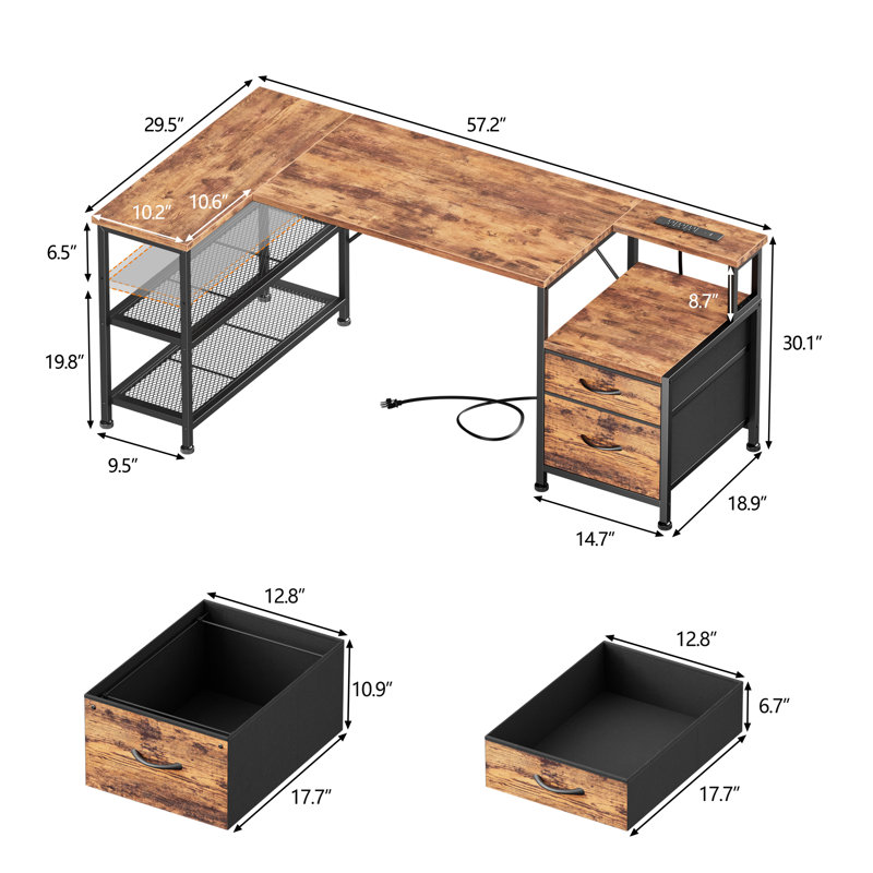 Bureau en L avec station de charge, 2 tiroirs en tissu et tablettes réglables, bureau d'ordinateur pour petits espaces