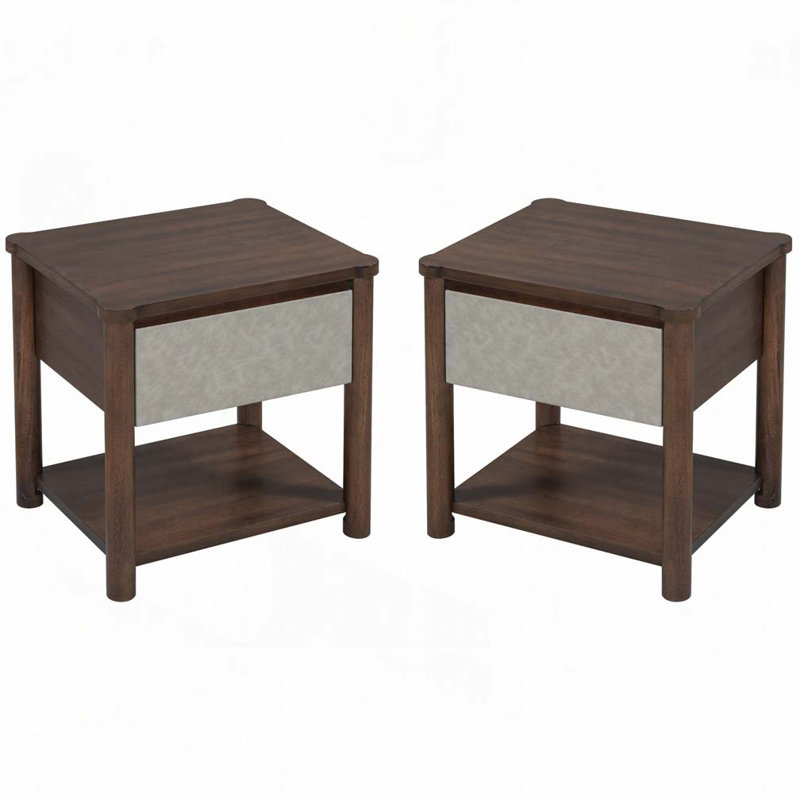 Table de chevet en bois Farmhouse, Gris clair / noyer
