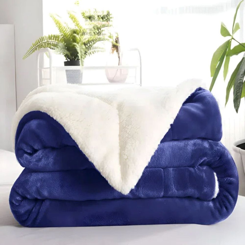 Kaylie Soft Sherpa Fleece Fur Thick Dual Sided Reversible Blanket Throw, Navy, 130cm x 150cm