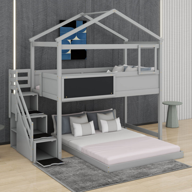 Twin Over Full House Bunk Bed With Blackboard And Storage Staircase, Gray