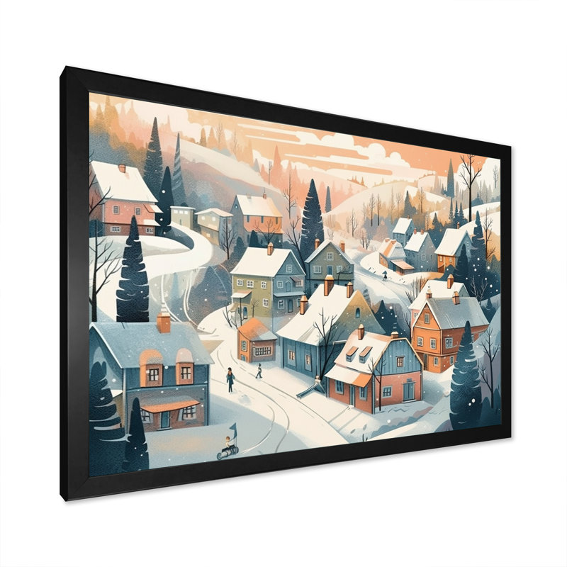 " Winter Village II ", Black Picture Framed, 12" H x 20" W x 1" D