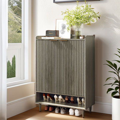 31.6 Inch 2 Door 1 Panel 1 Shelf Conical Leg Slatted Shoe Cabinet