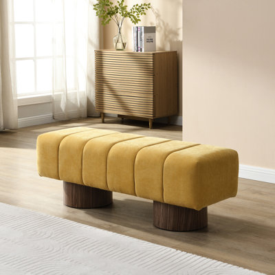 Banc de salle à manger rembourré pour la salle à manger, banc de repose-pieds sans assemblage pour le salon de la chambre à coucher, tabouret en chenille jaune avec pieds en bois et capacité de poids de 300 lb