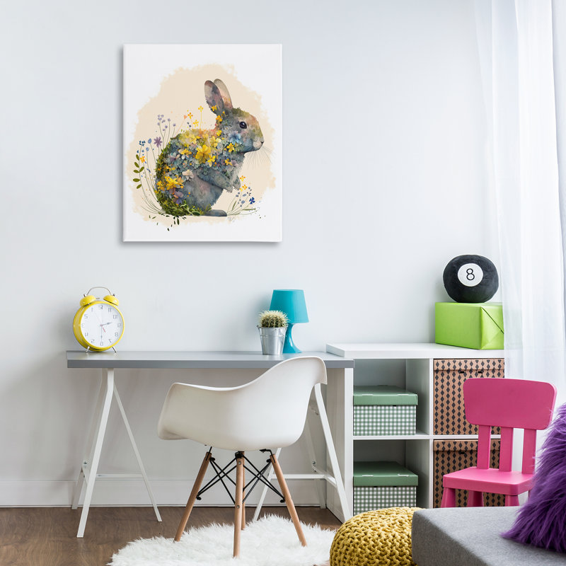 «Rabbit with Buttercup Flowers», art mural sur toile par Fab Funky, H 20 po x l 16 po x P 1,5 po