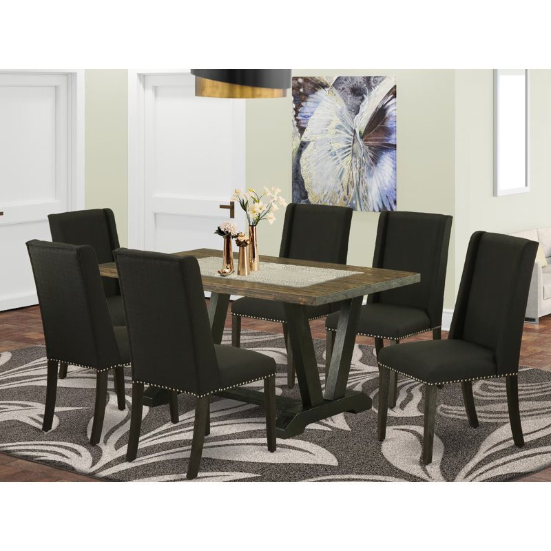 Ensemble de table de cuisine 7 pièces comprenant une table à manger rectangulaire avec pieds en V et 6 chaises de salle à manger Parson en tissu lin noir, 91 x 152 cm (36 x 60 pouces).