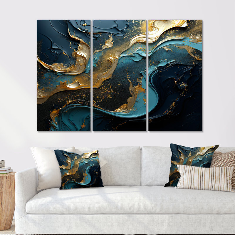 Ensemble de salon art mural liquide or turquoise et encre liquide, Toile tendue, H 32 po x l 48 po x P 1 po