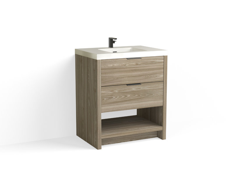Vue 30" W Freestanding Single Bathroom Vanity, Nimbus, Glossy White/8" Widespread, Matte Black