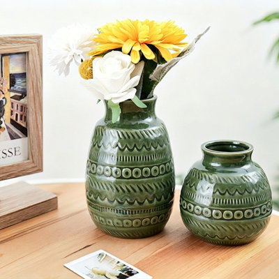 Vase en céramique gaufré moyen vert foncé à motif de cercles ondulés en céramique texturée décorative rustique de style campagnard campagnard