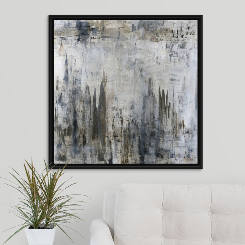 « ghost city », peinture sur toile, H 31,7 po x l 31,7 po x p 1,75 po, Cadre flottant noir
