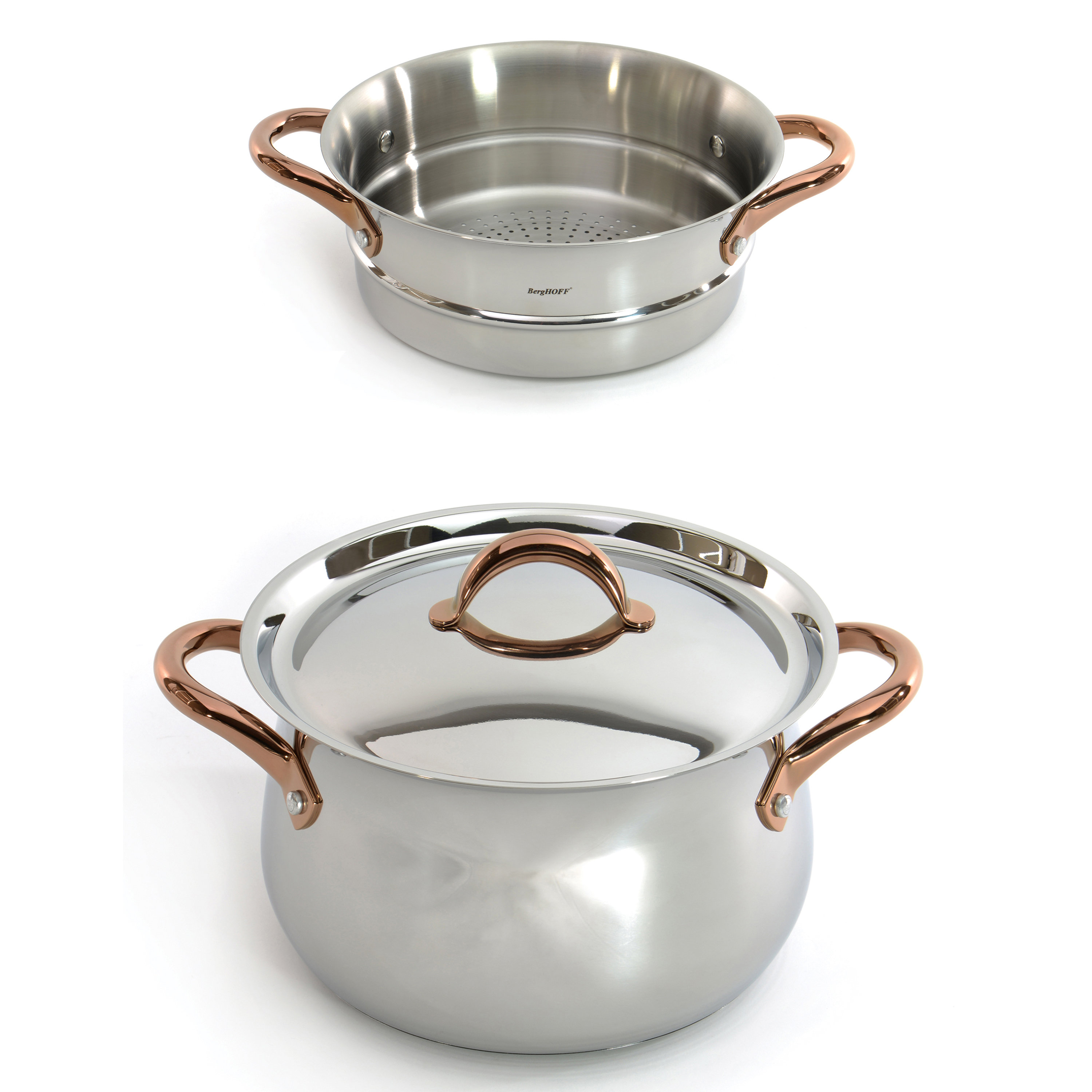 BergHOFF Ouro Gold 18/10 Stainless Steel Steamer Set, Glass Lid, Rose Gold Handles main image 1