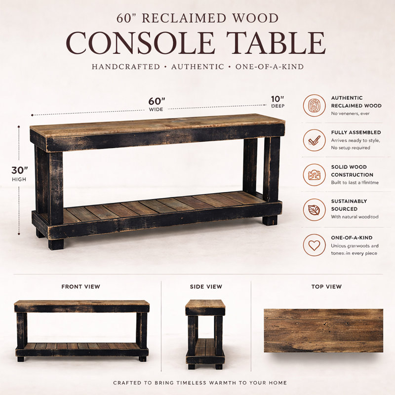 Console 60 po en bois récupéré de luxe noir, Noir, naturel, 60"