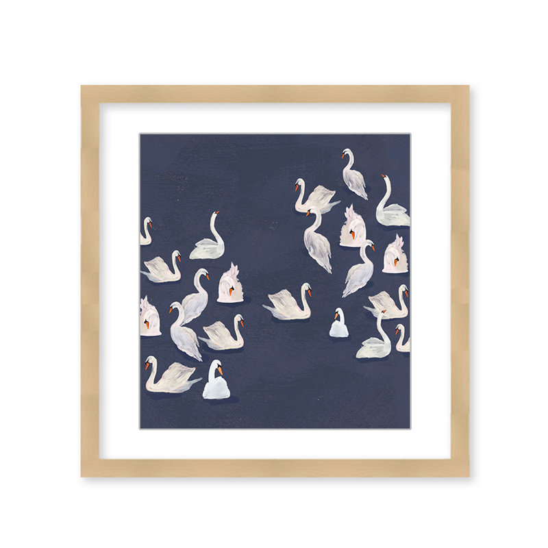 Nature Inspired Modern Ensemble: Swan Serenade, Framed Matted Print, Tan, 16" H x 16" W